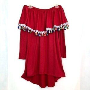 SOL R.H.R Solid Bright Red Fringe Tassel Trim Off the Shoulder Boho Blouse Top S